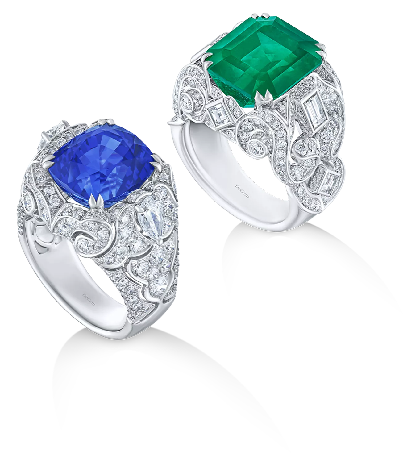 DeGem cocktail rings feature valuable gems such as royal blue sapphire and Zambian emerald
