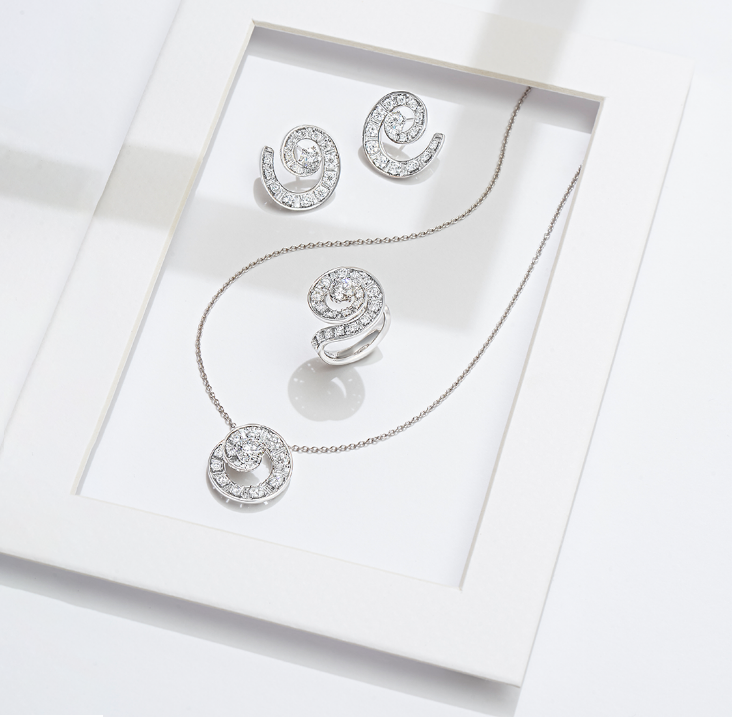 A set of matching Diamond jewellery featuring diamond necklace, diamond earrings and diamond ring by DeGem Malaysia