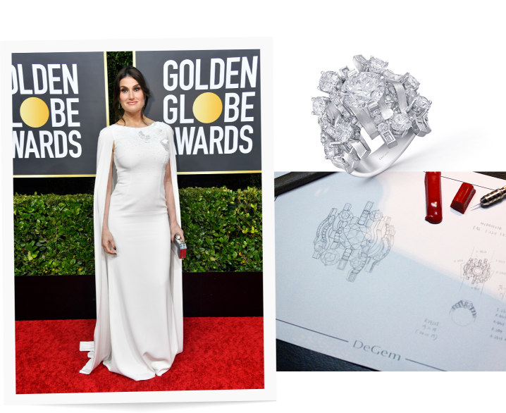 Idina Menzel wearing DeGem’s Vero Amore Diamond Ring set with a center diamond of 7.04 carats
