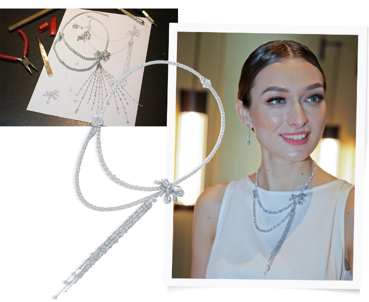 A women wearing DeGem's Red Carpet Diamond Necklace